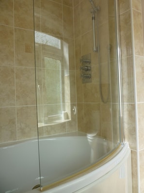 Combined shower/tub, hair dryer, towels, soap