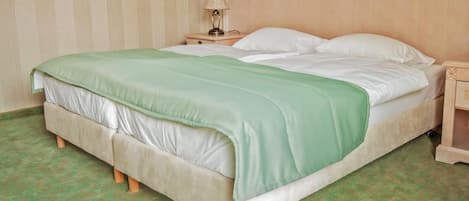 A single-bed room with a wooden headboard, a bedside table with a lamp, and a patterned carpet.