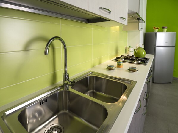 Fridge, oven, stovetop, coffee/tea maker