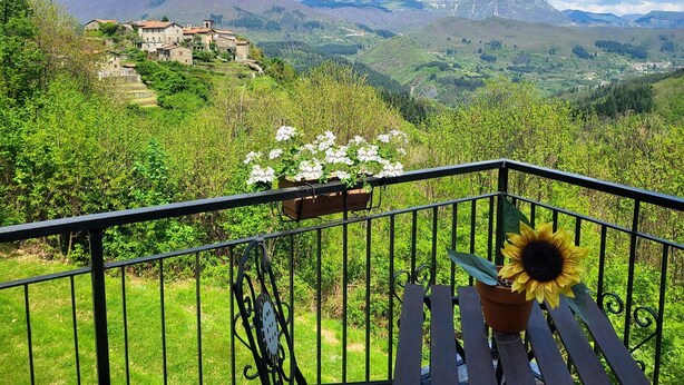 A balcony with a sunflower and white flowers, overlooking a mountainous landscape with a historic building.