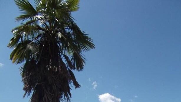 Um pátio com mesa e cadeiras, um guarda-sol branco e vista para montanhas.