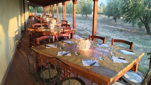 An outdoor dining area with wooden tables and chairs, set against a backdrop of trees and open space. - Tuscany, an agrotourism apartment between sea and countryside. (Cecina)