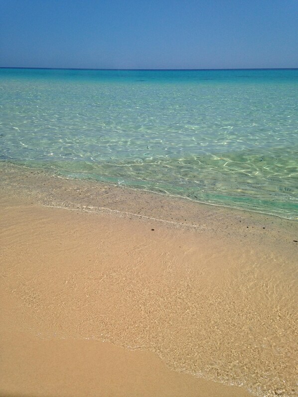 Una playa de arena con agua turquesa cristalina.