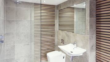 Combined shower/bathtub, hair dryer, towels, toilet paper