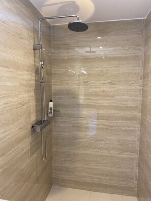 Chuveiro, secador de cabelo, toalhas de banho, papel higiênico