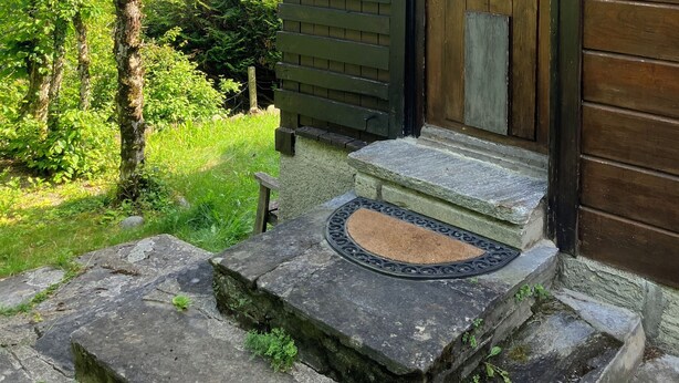 A wooden house with a green door, a mailbox, and a stone staircase leading to the entrance.
