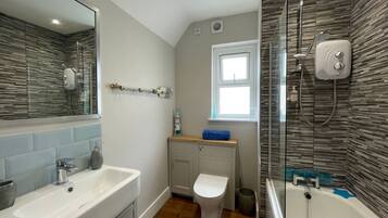 Combined shower/bathtub, hair dryer