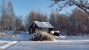 A small, single-story house with a snow-covered roof and a chimney, surrounded by snow-covered trees and bushes.