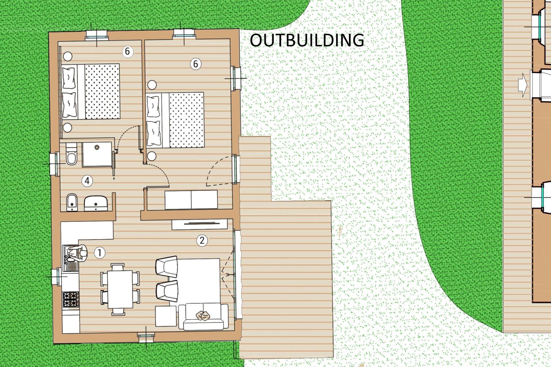 A floor plan of an outbuilding with a kitchen, dining area, and two bedrooms.