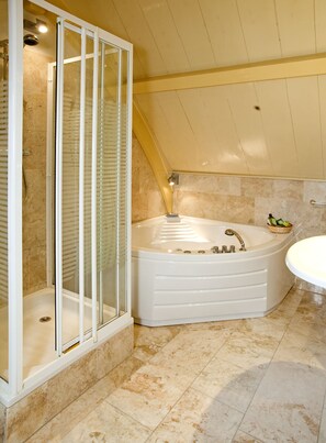 Combined shower/tub, jetted tub, hair dryer, towels