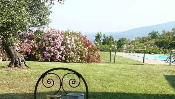 Ein Tisch mit Tasse und Krug, ein Metallstuhl, ein Pool und ein Garten mit rosa Blumen und einem Baum.