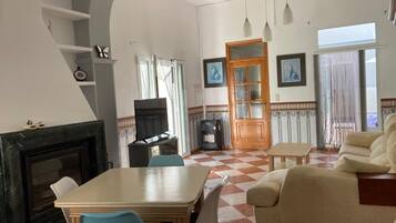 Smart TV, chimenea, libros y estéreo