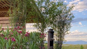 A rustic outdoor area with a stone well, bamboo plants, and flowering plants.