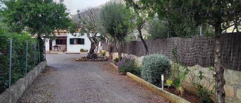 Un camí de grava que condueix a una casa blanca amb teulada de palla, envoltada d'arbres i una paret de pedra.