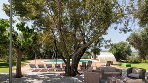 A pool area with lounge chairs, a covered seating area, and a large tree providing shade.