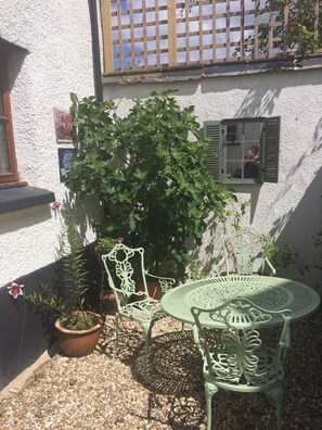 A patio with a table and chairs, a potted plant, and a window with shutters.