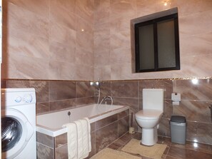 Combined shower/tub, free toiletries, hair dryer, towels