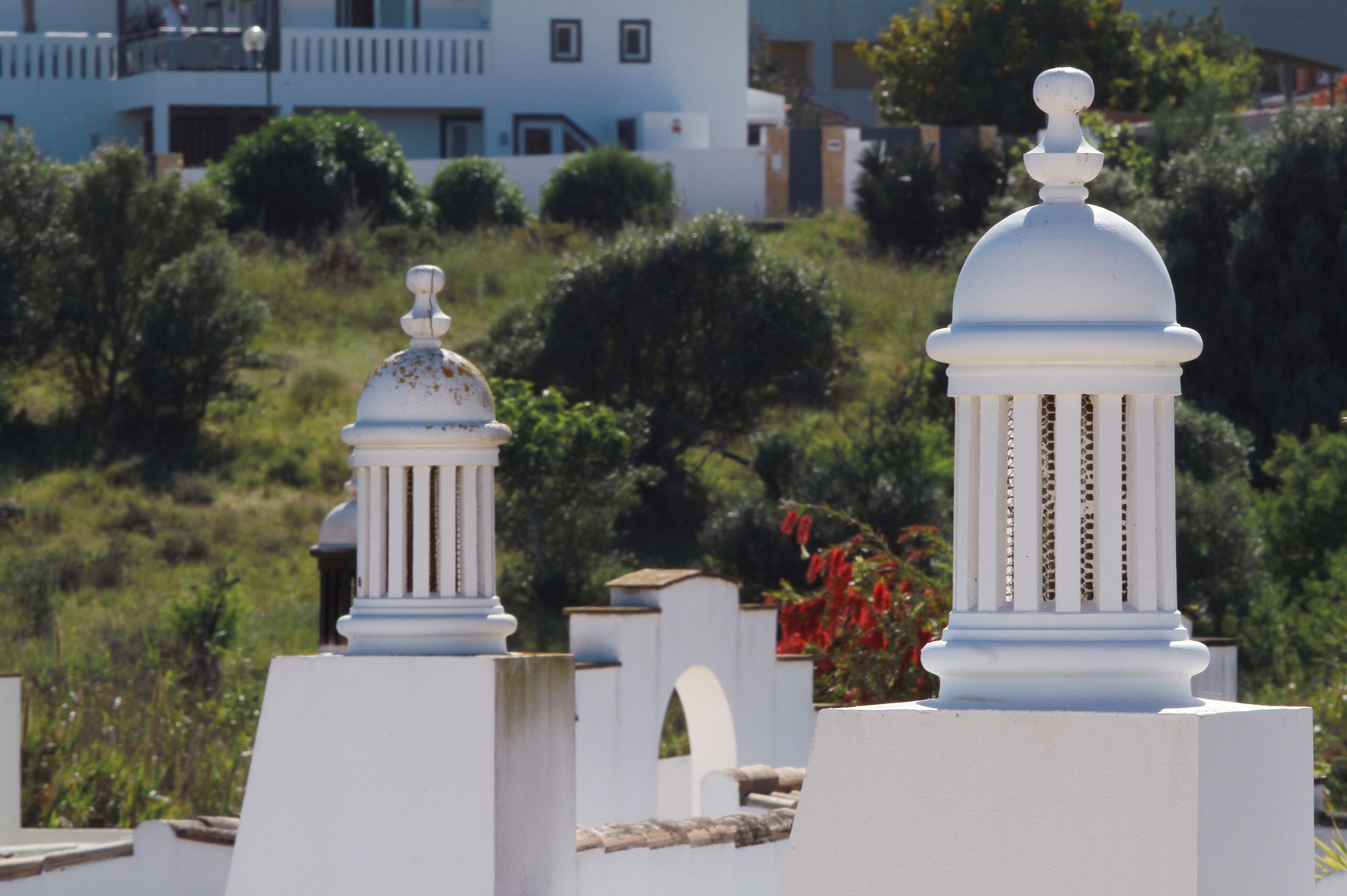A white building with a dome and columns, surrounded by greenery and a residential area.