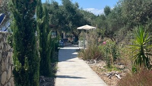 A narrow pathway flanked by tall cypress trees and a variety of shrubs, leading to a building with a blue door and a white umbrella. - ☀️Stella Apartment☀️Almyrida 350m from the Sea, you don't rent a Car (Almyrida)