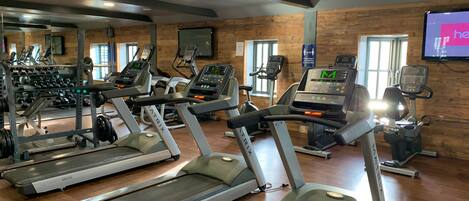 A gym with treadmills, weight machines, and a mirrored wall.