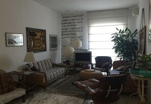 TV, DVD player, foosball, books