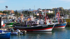 A marina with various boats docked, including a green and white boat with the number BA 487069.