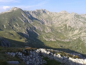 A mountainous landscape with rocky terrain and sparse vegetation. - Chalet surrounded by greenery near MTB routes (Castello Tesino)