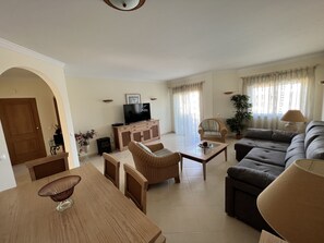 Smart TV, fireplace, DVD player, books