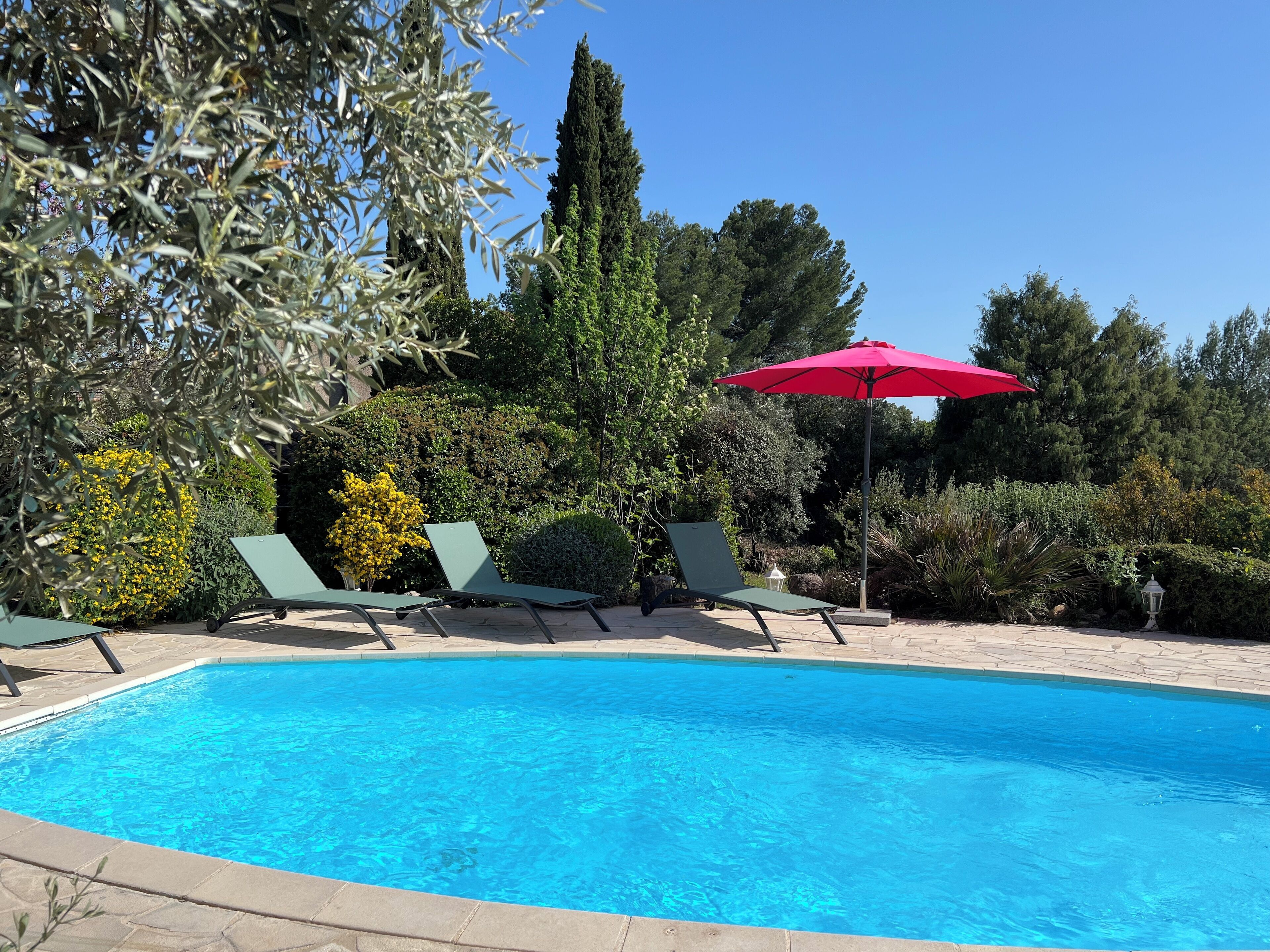 A swimming pool with two green lounge chairs and a red umbrella.