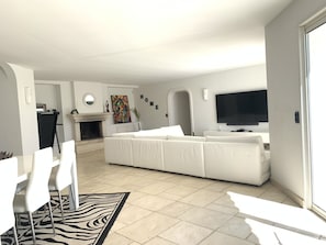 Televisión, chimenea, videojuegos, reproductor de DVD