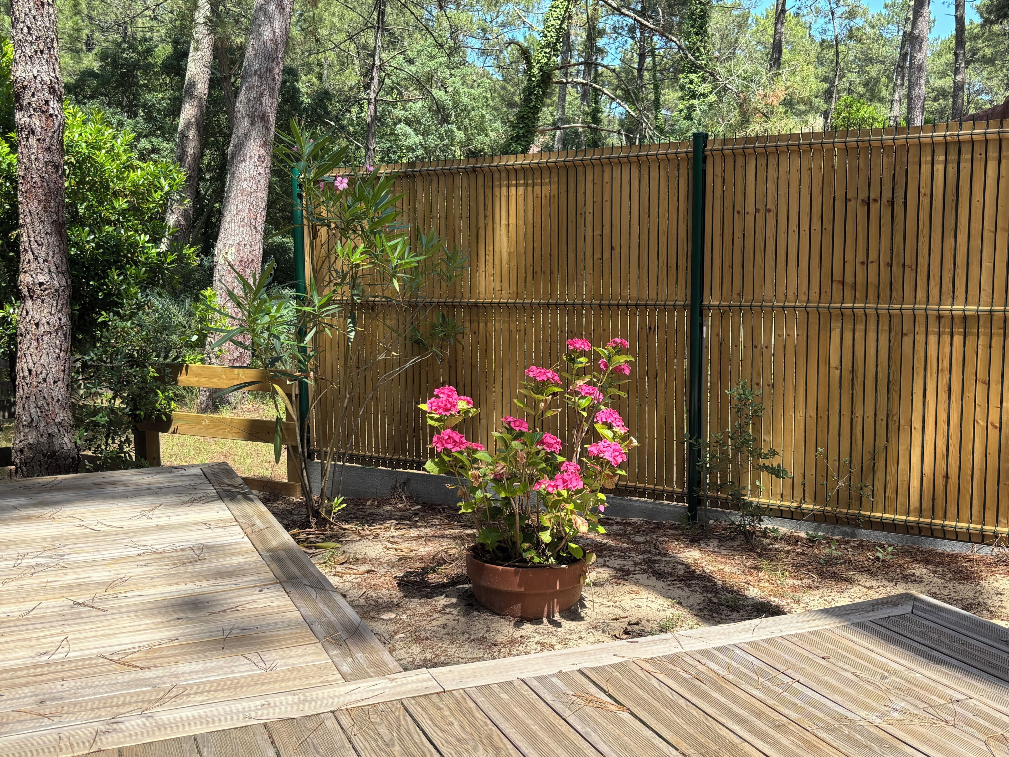A wooden deck, a wooden fence, and a potted plant with pink flowers.