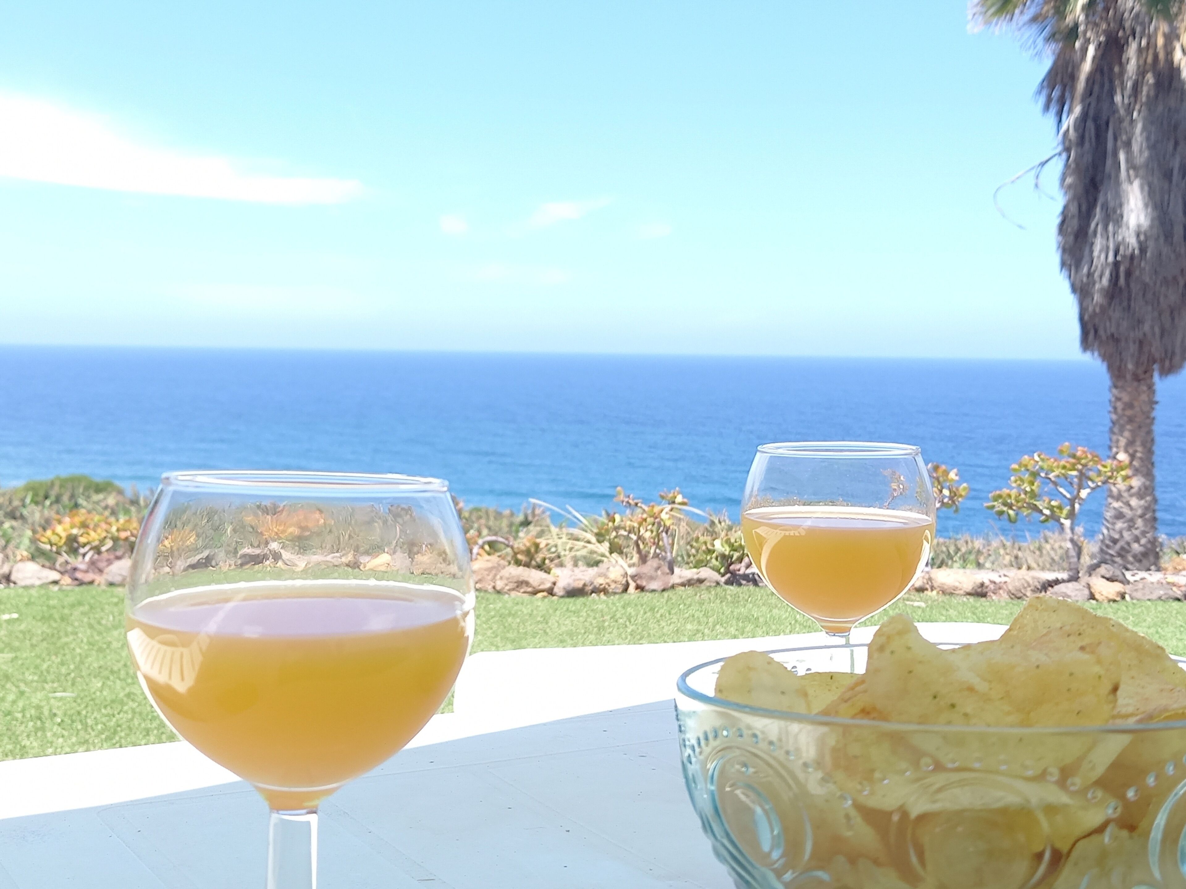 Two glasses of a yellow beverage on a table with a bowl of chips, overlooking a coastal view.