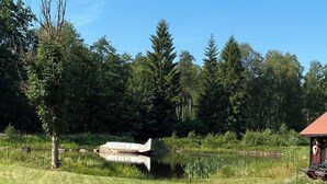 A grassy area with a small boat docked near a body of water, surrounded by trees and a small building.