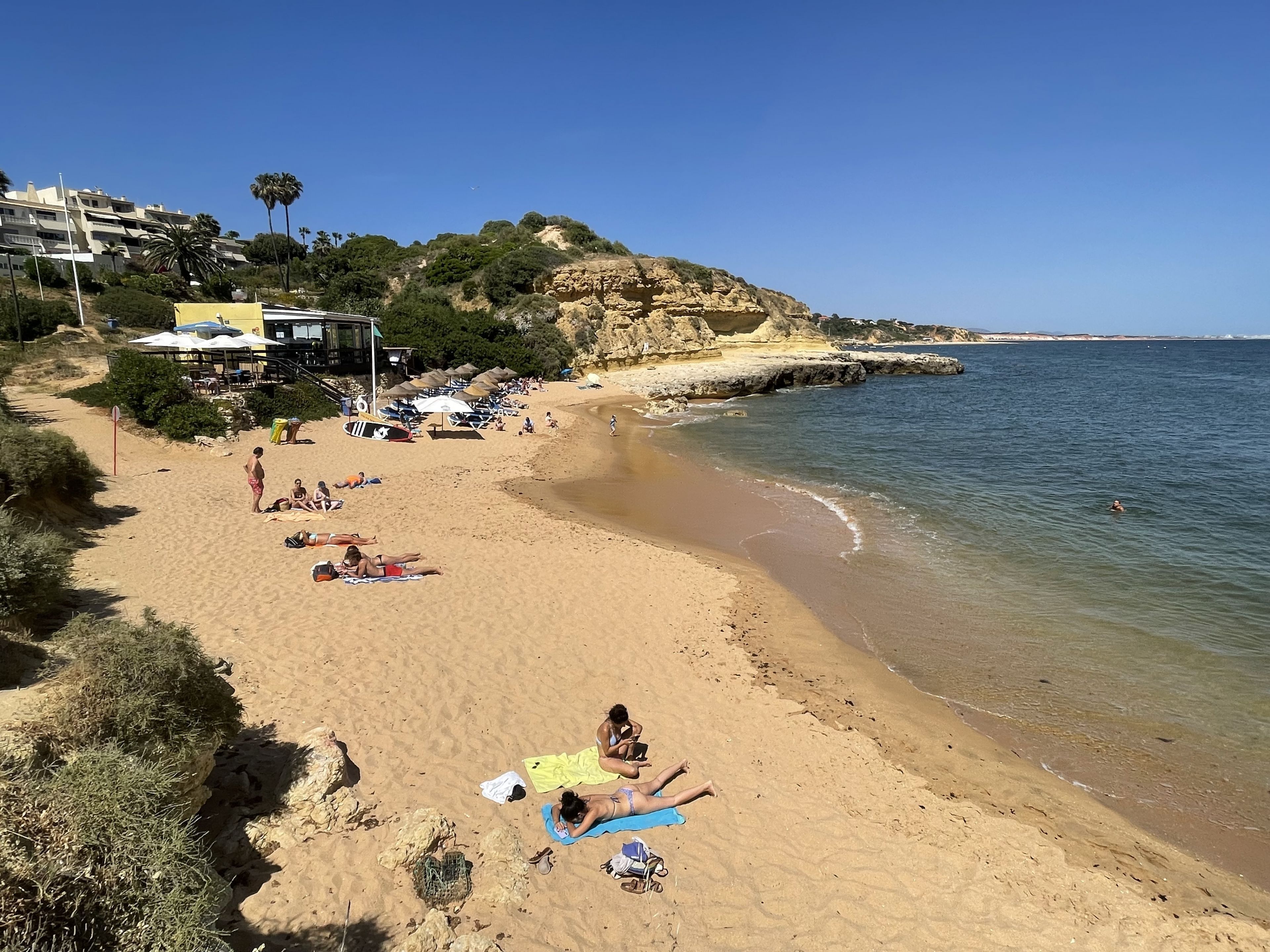 Una playa con gente tomando el sol y nadando.