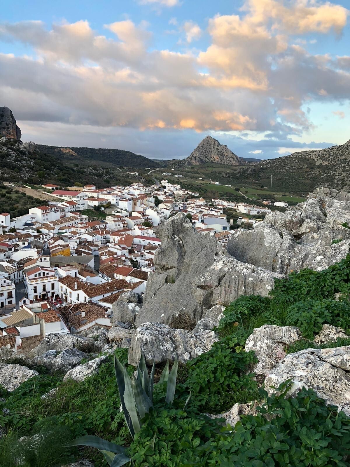 Un pueblo costero con edificios blancos, terreno rocoso y una montaña destacada al fondo.