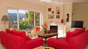 Una sala de estar con sofás rojos, una chimenea y un televisor.