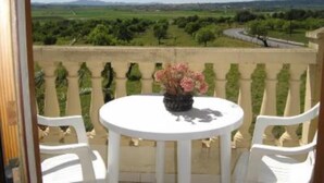 A balcony with a table and chairs, a vase of flowers, and a view of a green landscape with trees and a road. - sun and field (with wifi)  (Ariany)