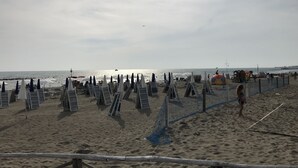 Une plage bordée de rangées de chaises longues et de parasols, un filet de volley-ball et un navire visible au loin.
