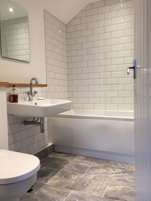 Combined shower/bathtub, hair dryer, soap