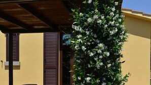 Une terrasse avec une table et des chaises, un espace abrité et un arbuste en fleurs.
