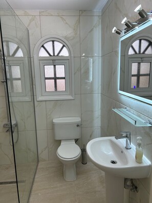 Kombinert dusj/badekar, hårføner, håndklær og såpe