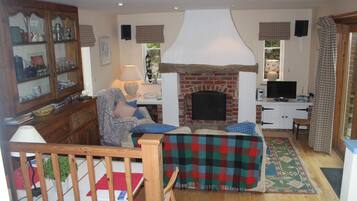 Smart TV, fireplace, DVD player, books