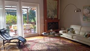 Smart TV, fireplace, books