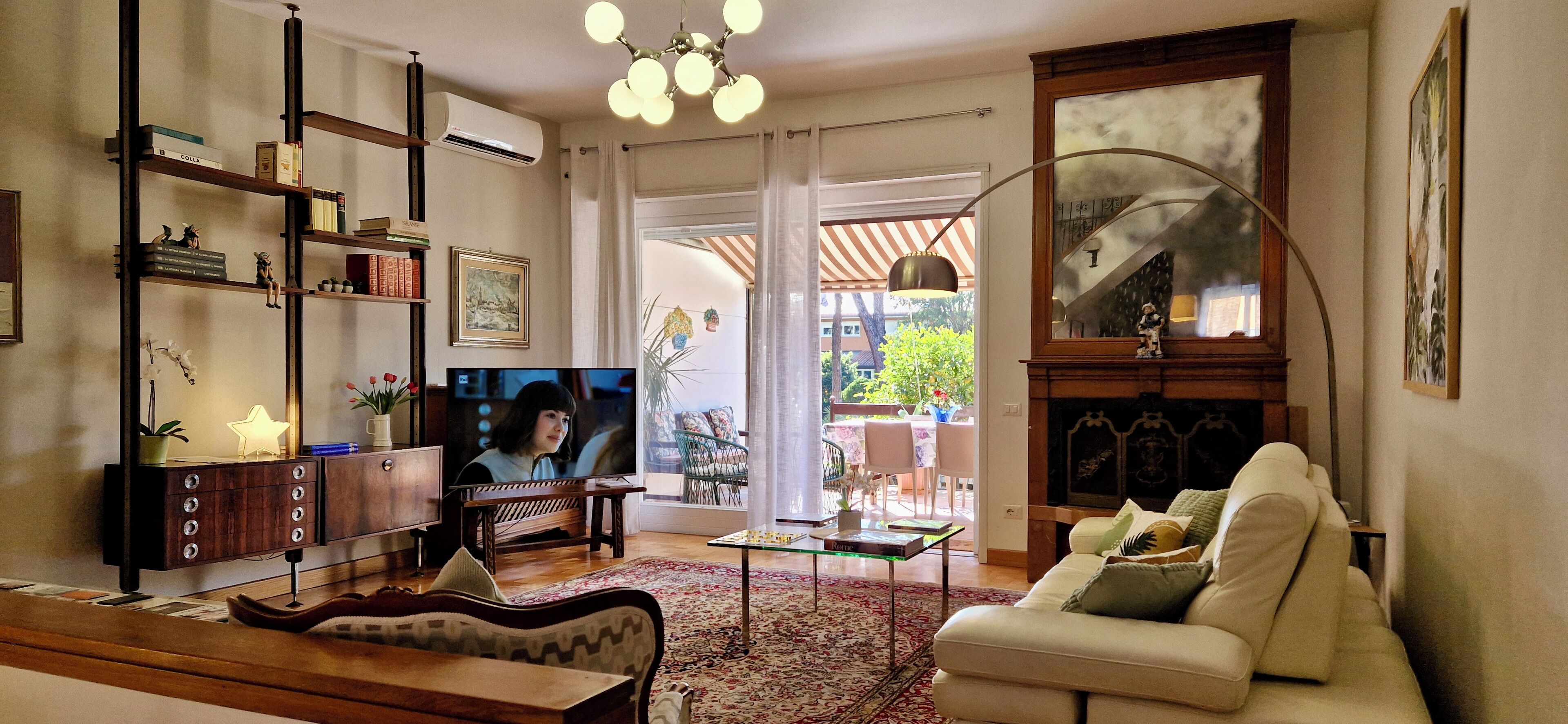 TV connectée, cheminée, livres