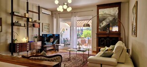 TV connectée, cheminée, livres