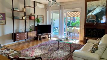 Smart TV, caminetto, libri