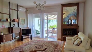 Smart TV, caminetto, libri