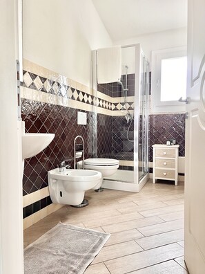 Shower, hair dryer, bidet, towels