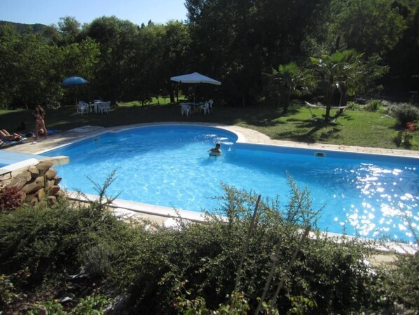 Une piscine entourée de verdure et agrémentée de mobilier d’extérieur.
