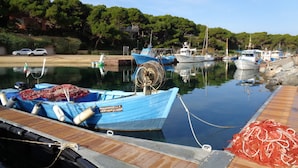 Un port de plaisance avec des bateaux amarrés, une jetée en bois et une étendue d’eau calme.